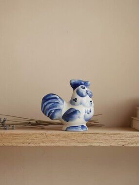 Gzhel Porcelain Rooster Figurine Hand Painted Cobalt Blue White Made in Russia